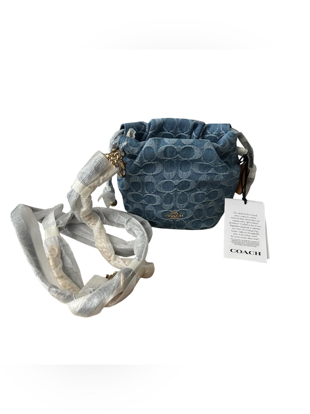 NEW Coach Faye Mini Denim Dual Strap Chain & Leather Drawstring Bucket Bag - Picture 7 of 7